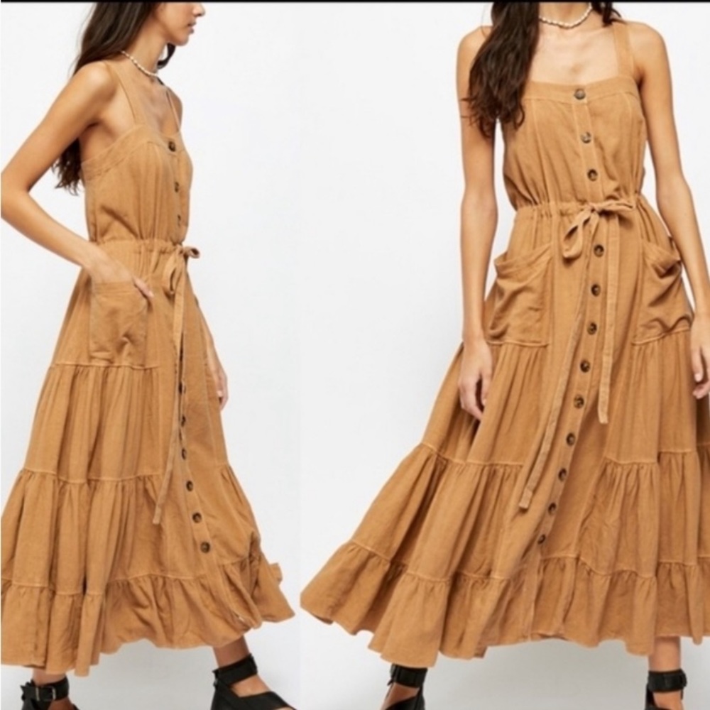 Free People Tan Ruffled Tie Front Maxi Dress NWOT